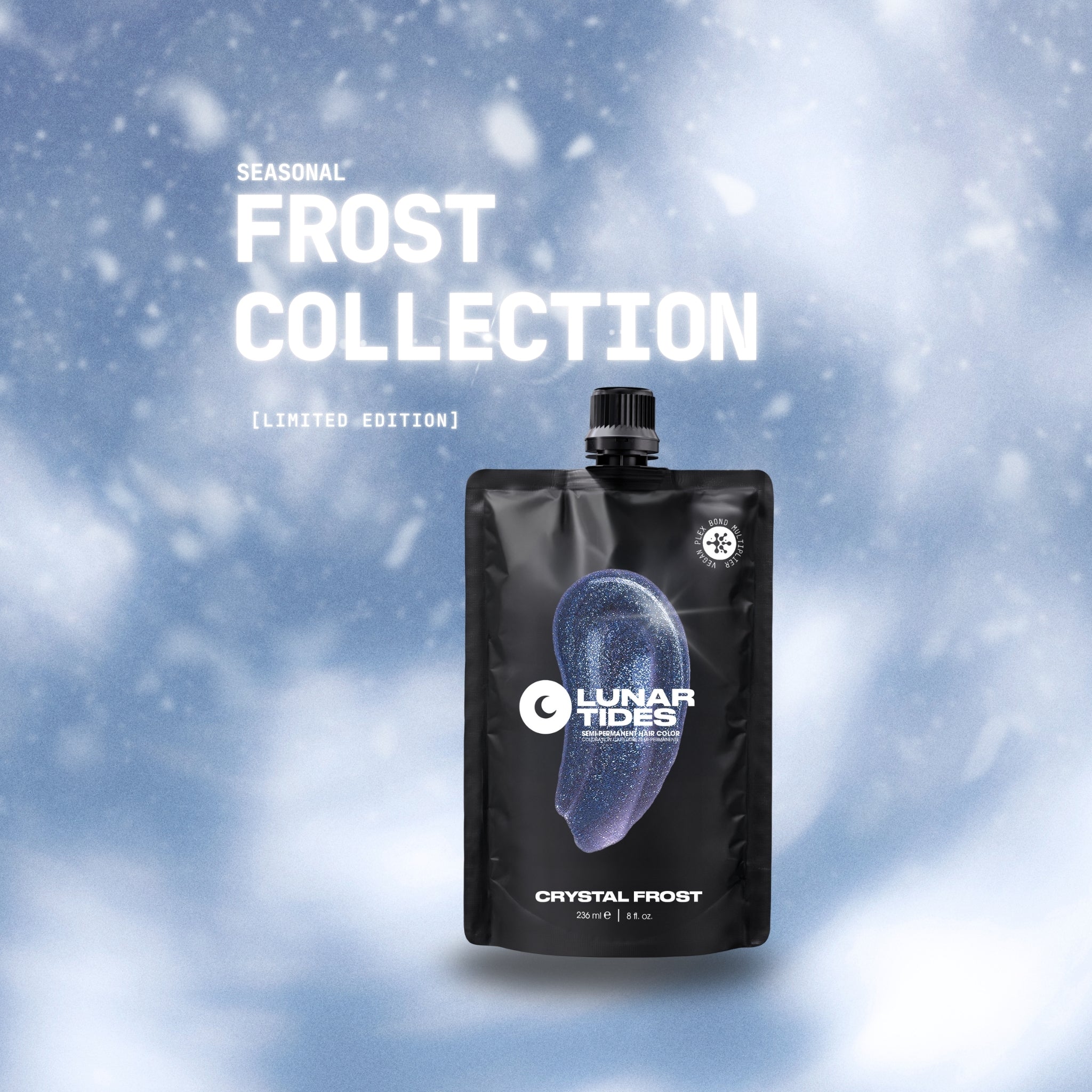 Black pouch with 'Lunar Tides' branding on a snowy background, featuring 'Frost Collection' text.