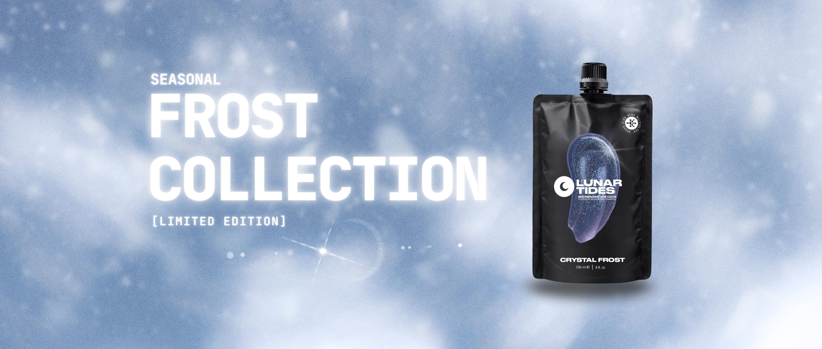 Lunar Tides crystal frost product packaging with 'Seasonal Frost Collection' text on a snowy background